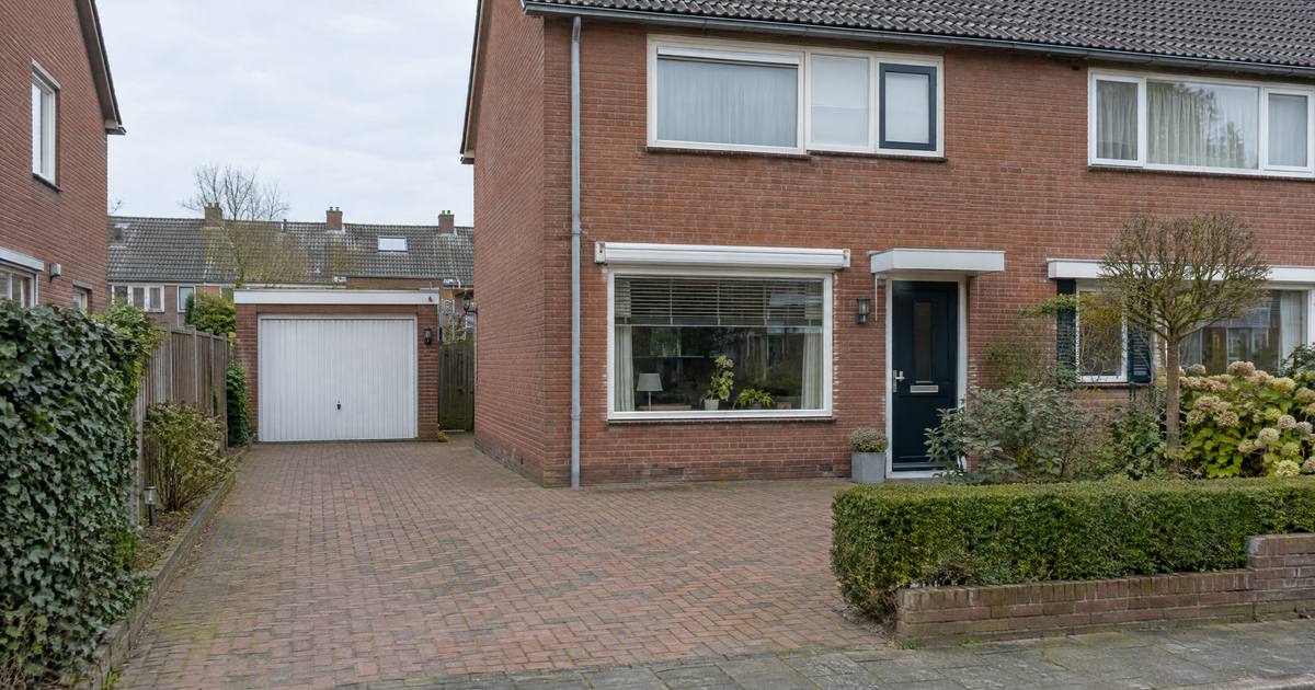 Een bakstenen garage met een kanteldeur naast een twee-onder-een-kapwoning, iets naar achteren, met een oprit van klinkers ervoor. Illustratie.